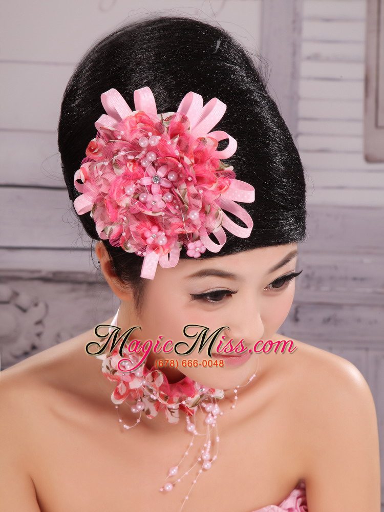 wholesale pink satin ribbon and net flower with pearls for party