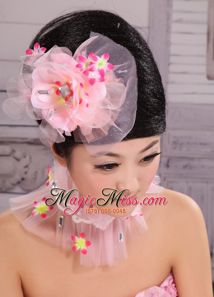 wholesale light pink chiffon and net big flowers with rhinestones for party