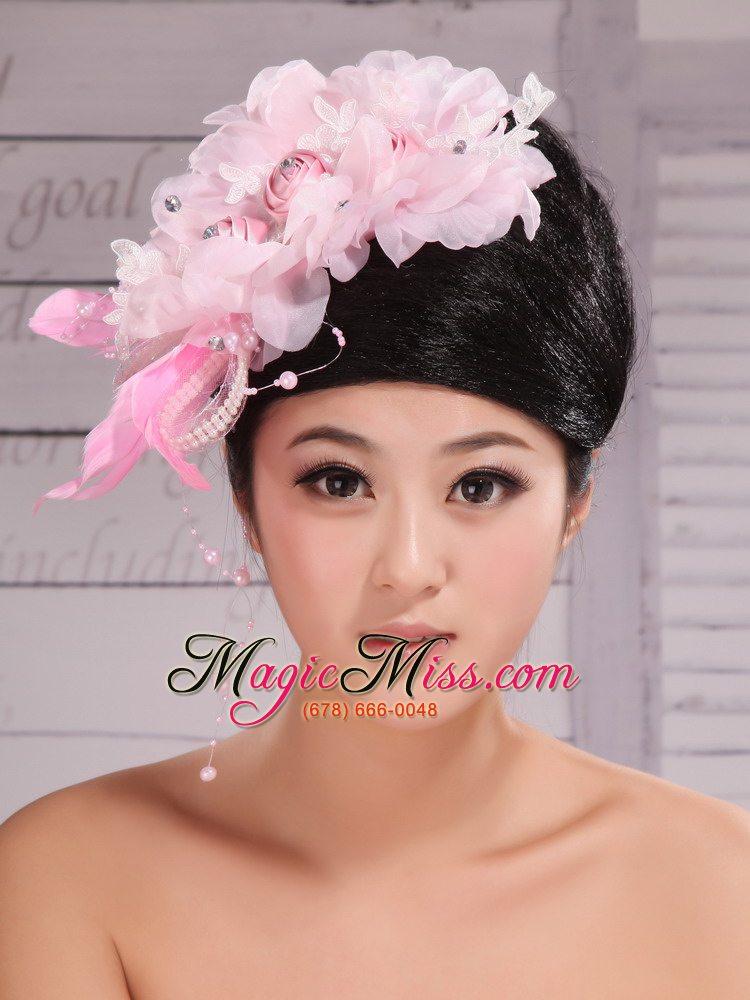wholesale fully handmade beaded and flowers decorate for party rose pink headpieces