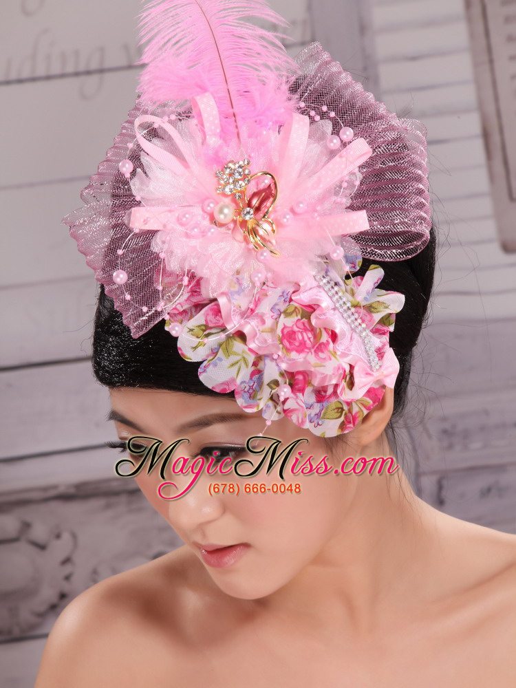 wholesale headpices for wedding party with imitation pearls and feather decorate tulle and printing