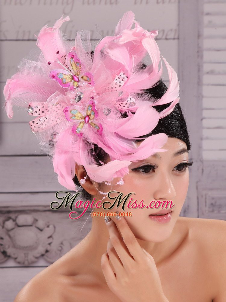 wholesale imitation pearls and feather decorate tulle and printing fabric headpices for speciral occasion party