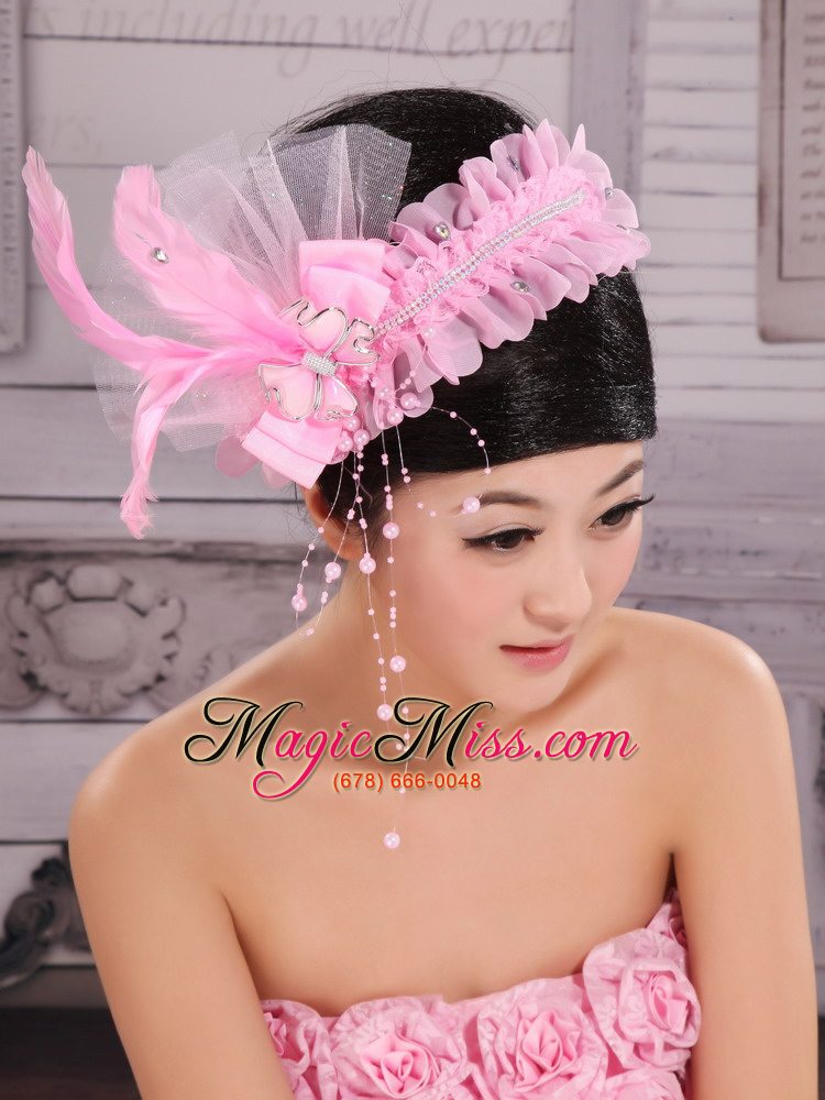 wholesale lovely imitation pearls and feather decorate tulle headpices for cocktail