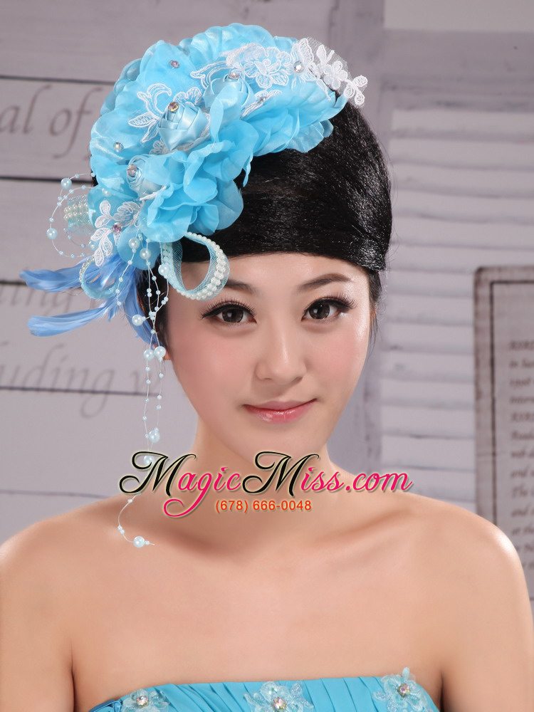 wholesale feather custom made aqua blue headpices with imitation pearls and flowers decorate