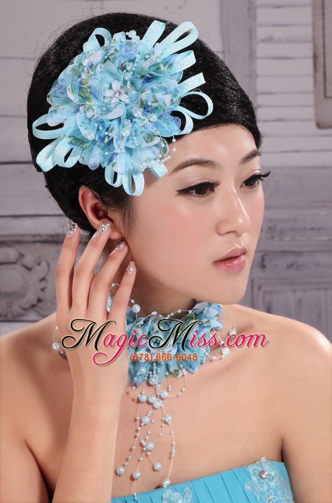 wholesale tulle aqua blue imitation pearls and flowers decorate for party in 2013 new york