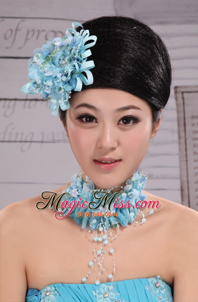 wholesale tulle aqua blue imitation pearls and flowers decorate for party in 2013 new york