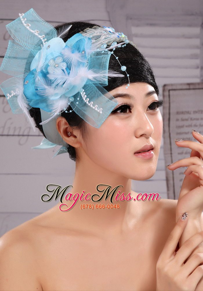 wholesale light blue sweet tulle beading feather fascinator for party