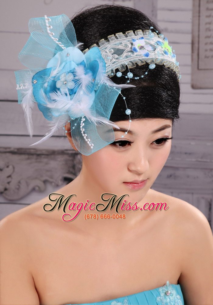 wholesale light blue sweet tulle beading feather fascinator for party