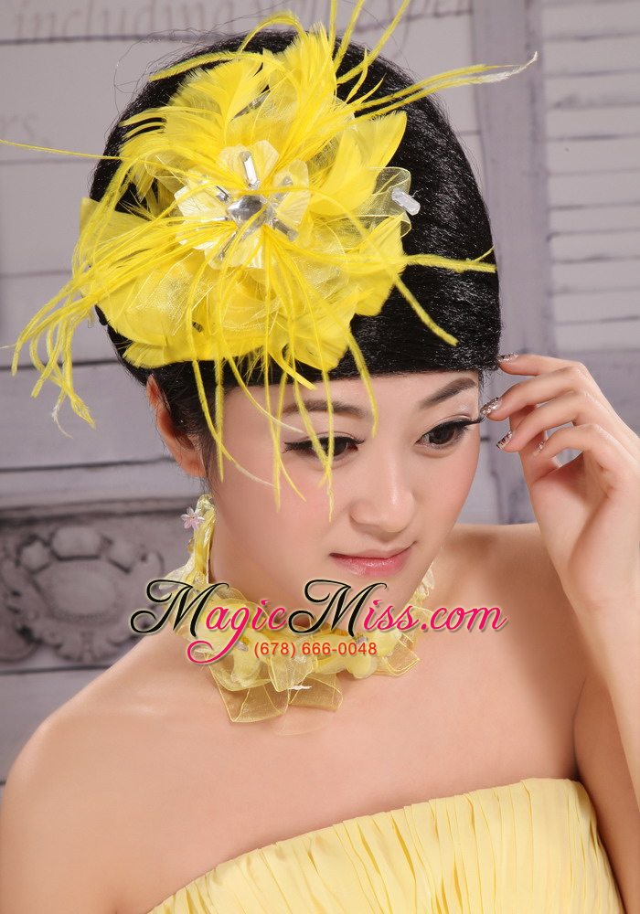 wholesale pretty yellow beading feather flower women ? s fascinators for party
