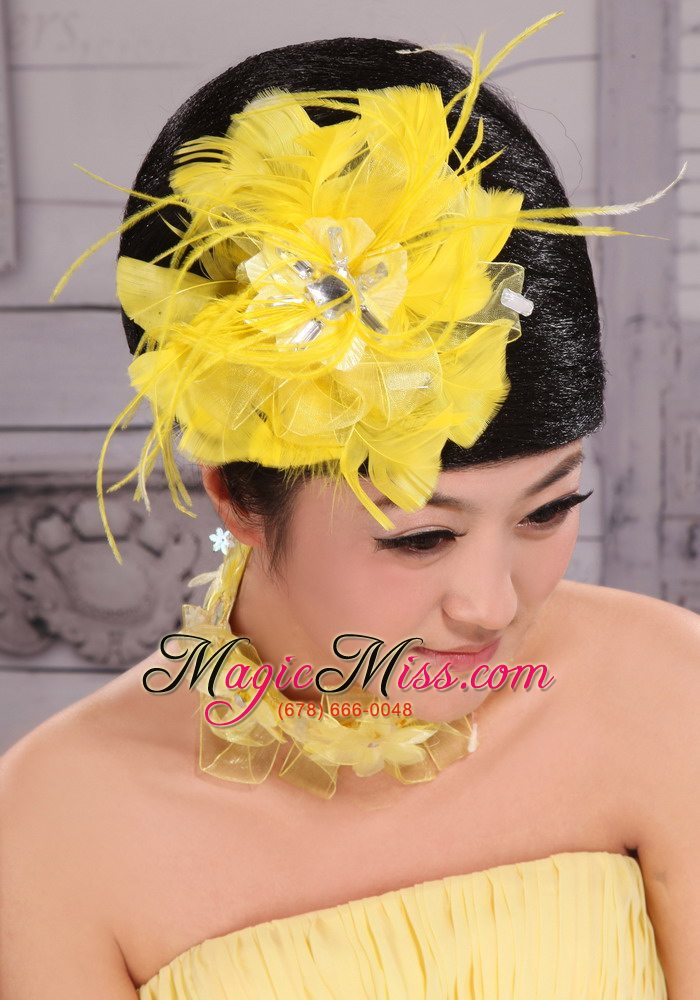 wholesale pretty yellow beading feather flower women ? s fascinators for party