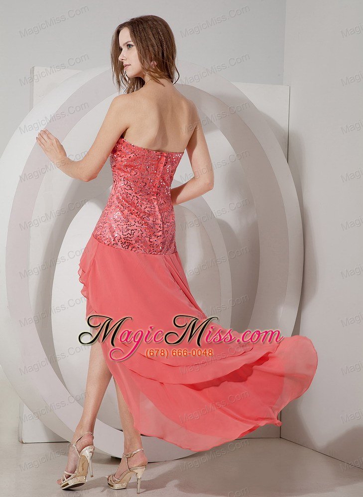 wholesale watermelon red empire strapless high-low chiffon and sequin prom dress