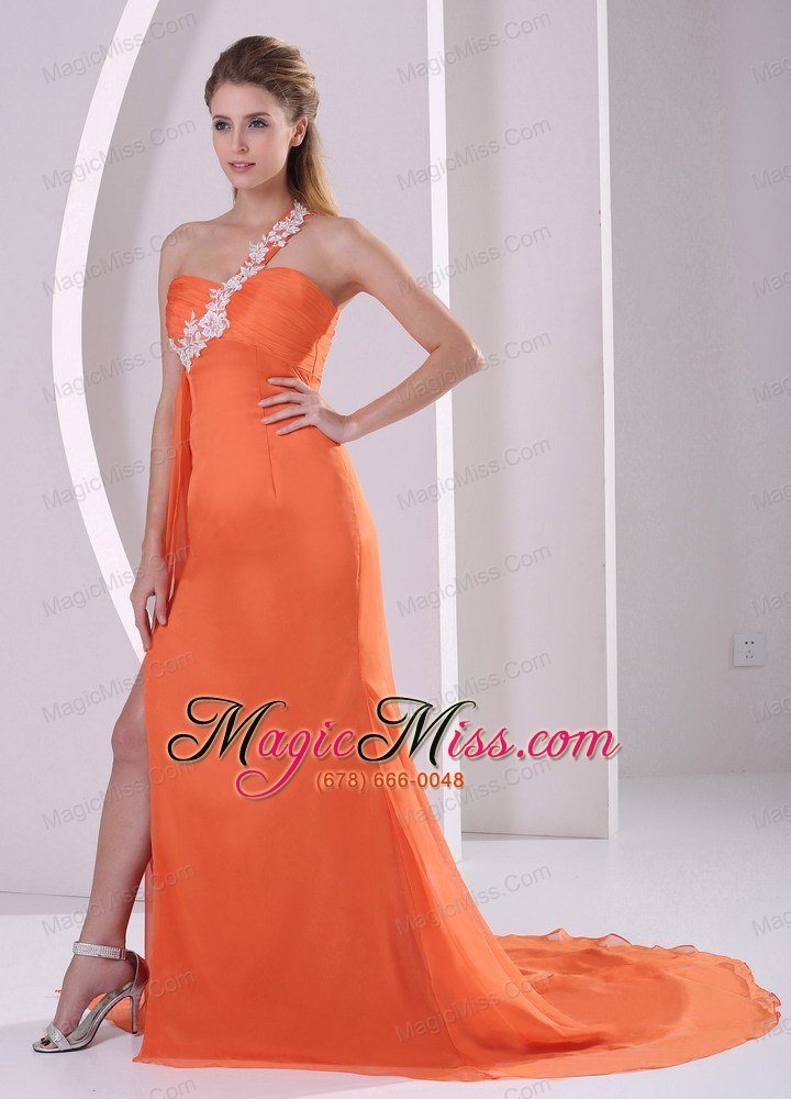 wholesale orange red one shoulder high slit court train 2013 plus size prom pageant dress appliques and ruch
