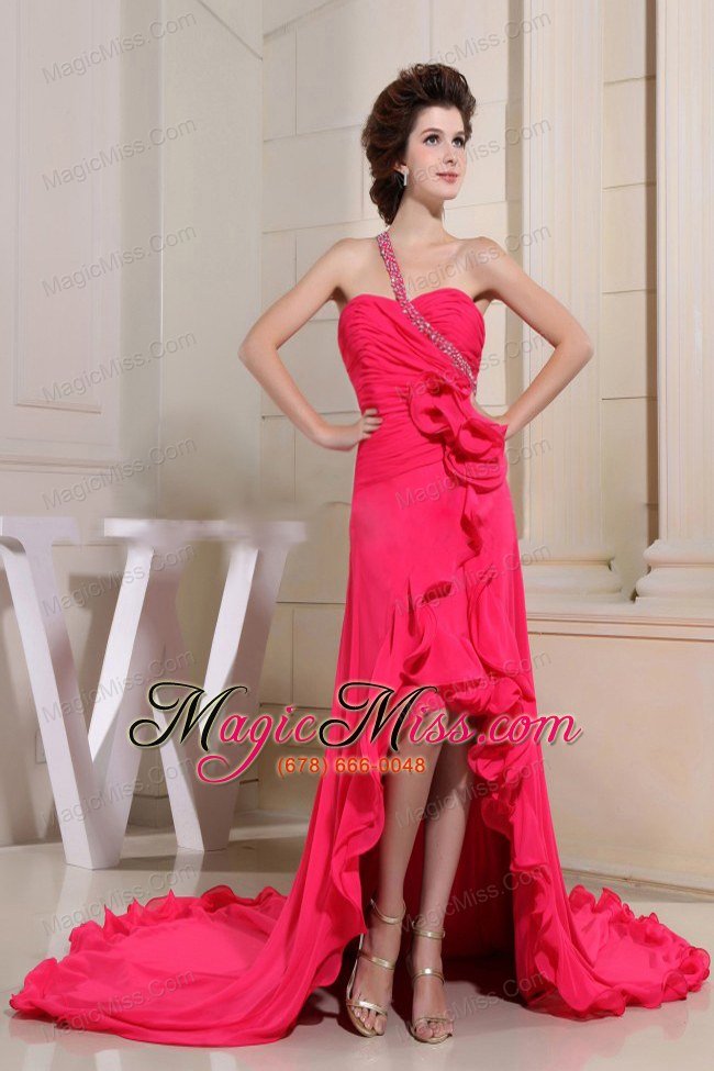 wholesale coral red prom dress with high-low one shoulder and hand made flowers