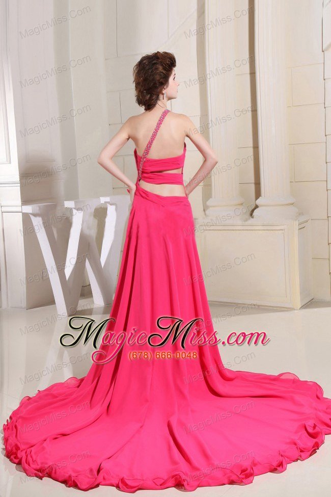 wholesale coral red prom dress with high-low one shoulder and hand made flowers