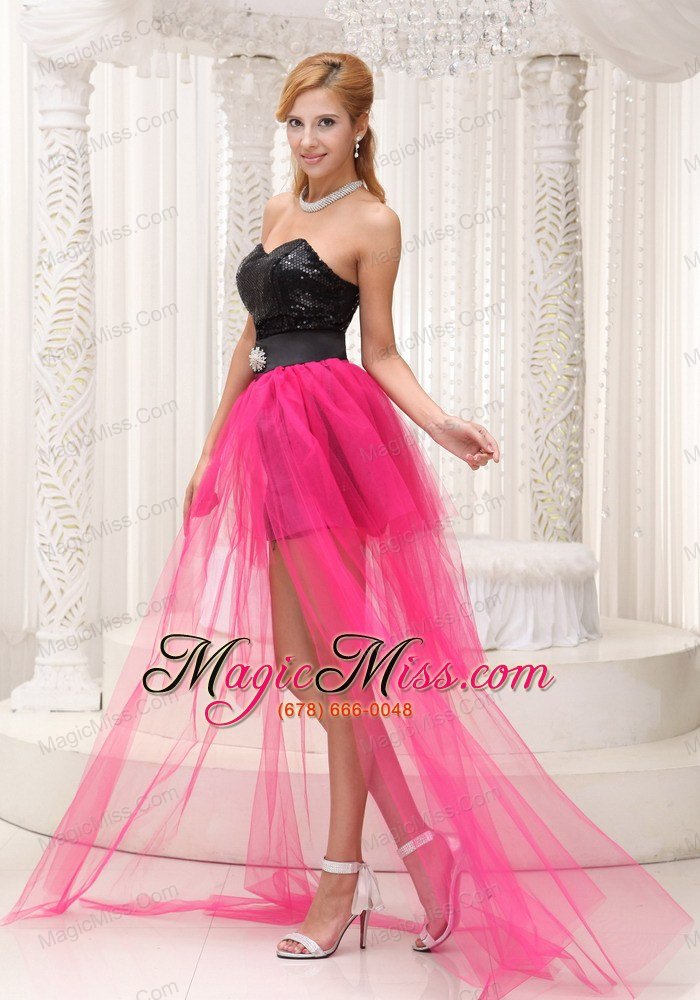 wholesale hot pink high-low celebrity dress for 2013 black paillette over skirt with beading