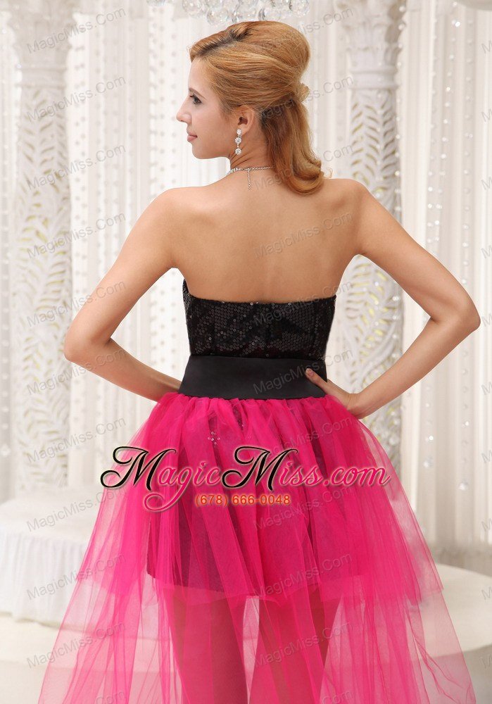wholesale hot pink high-low celebrity dress for 2013 black paillette over skirt with beading