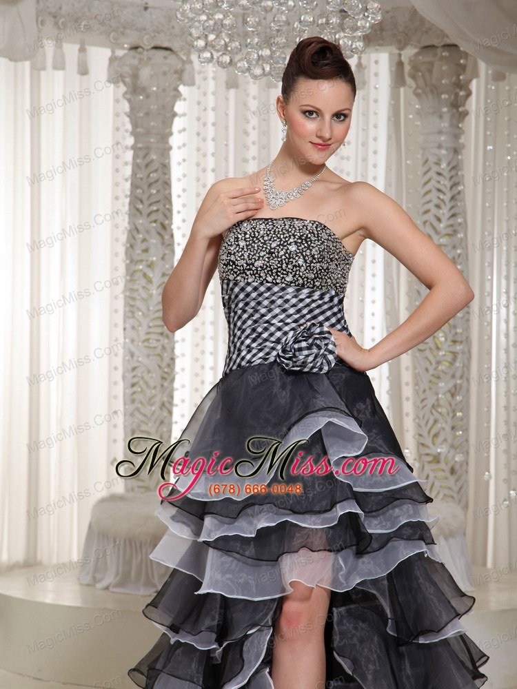 wholesale high-low strapless hand made flowers beaded black lace-up evening dress in 2013
