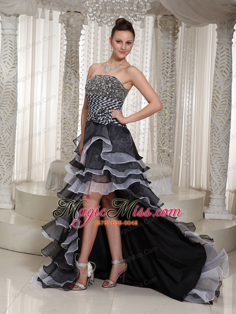 wholesale high-low strapless hand made flowers beaded black lace-up evening dress in 2013