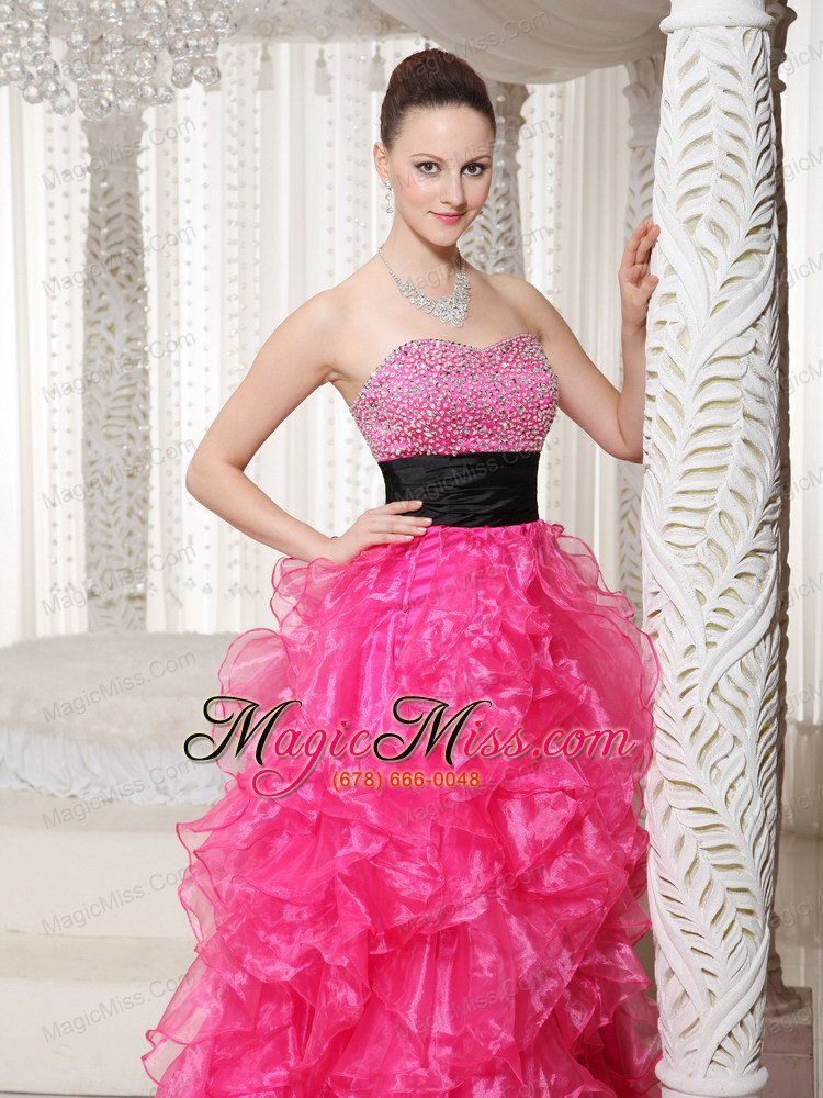 wholesale hot pink beaded belt embellishment evening dress with high-low