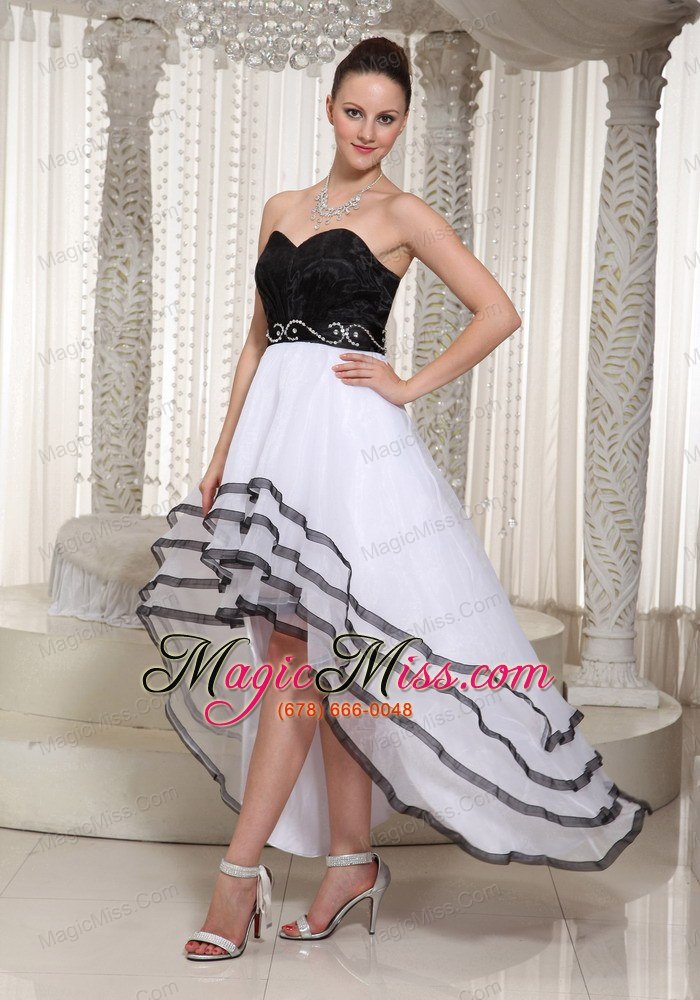 wholesale black and white organza high-low sweetheart prom dess belt deading decorate