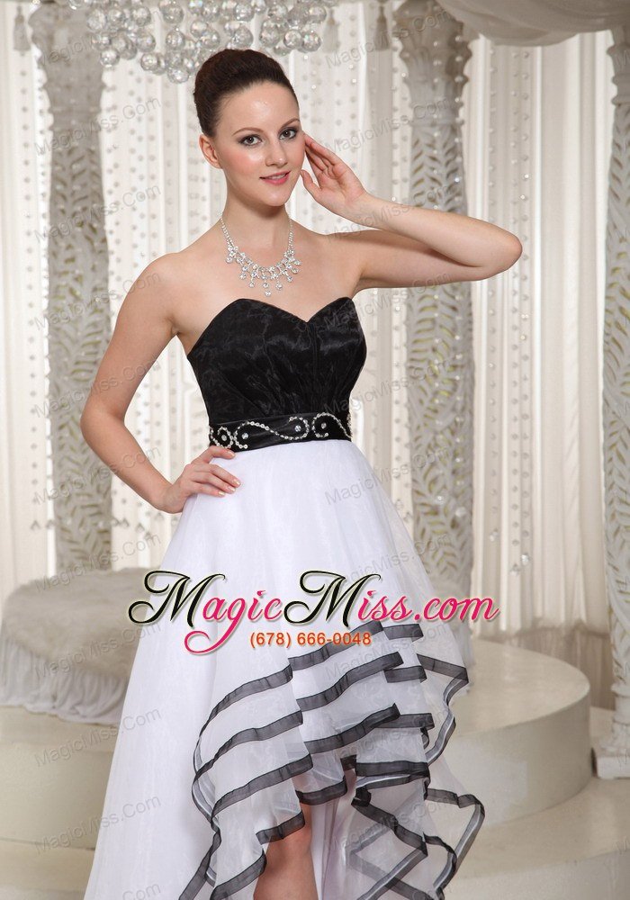wholesale black and white organza high-low sweetheart prom dess belt deading decorate