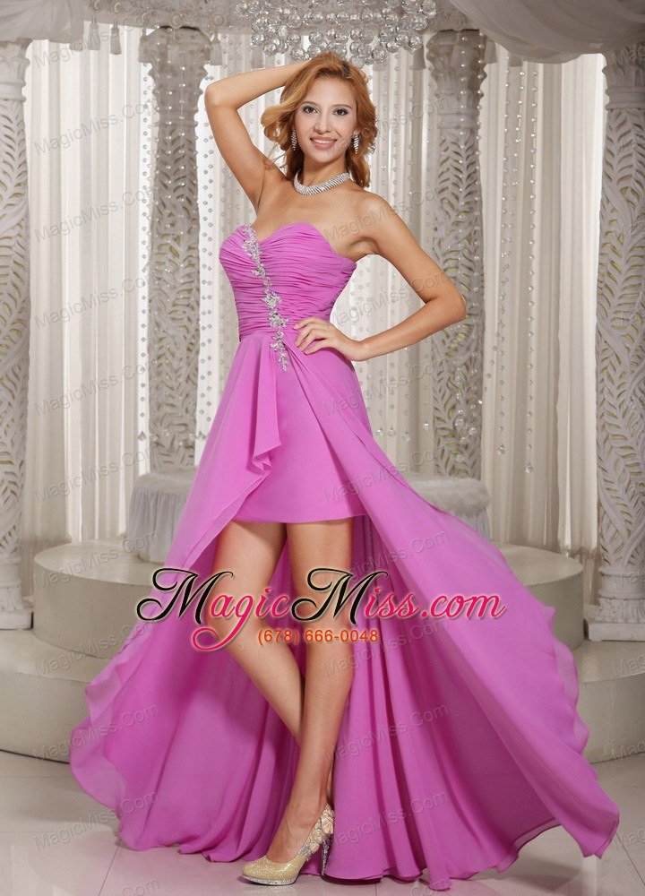 wholesale high-low prom dress lavender sweetheart with appliques and ruched bodice