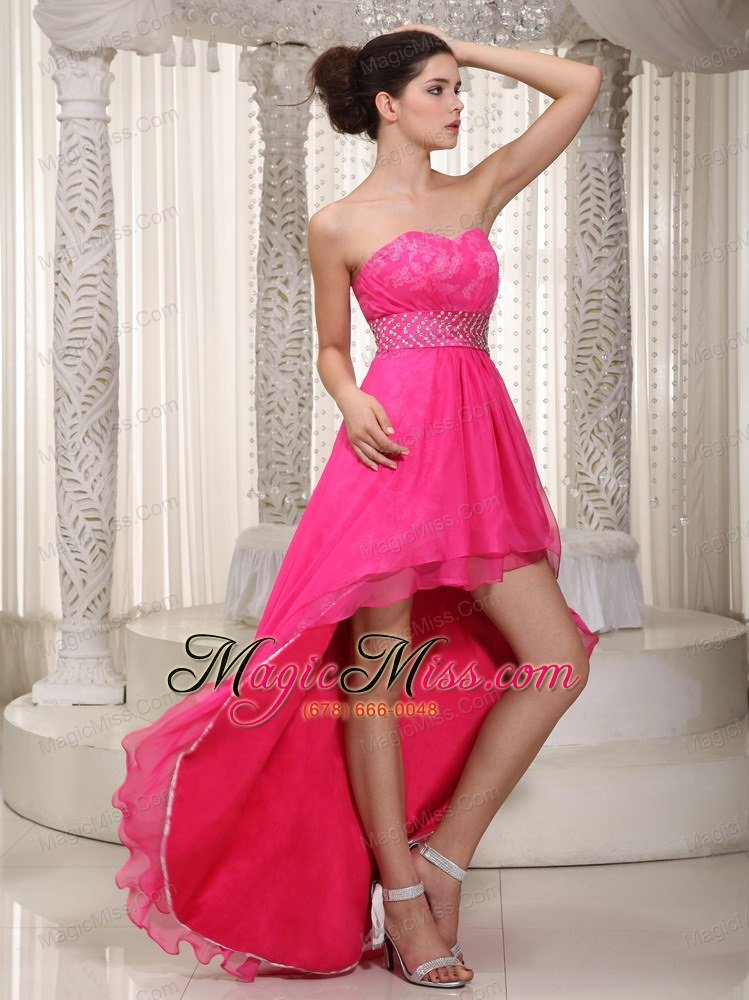 wholesale hot pink empire sweetheart high-low chiffon and lace beading prom / evening dress