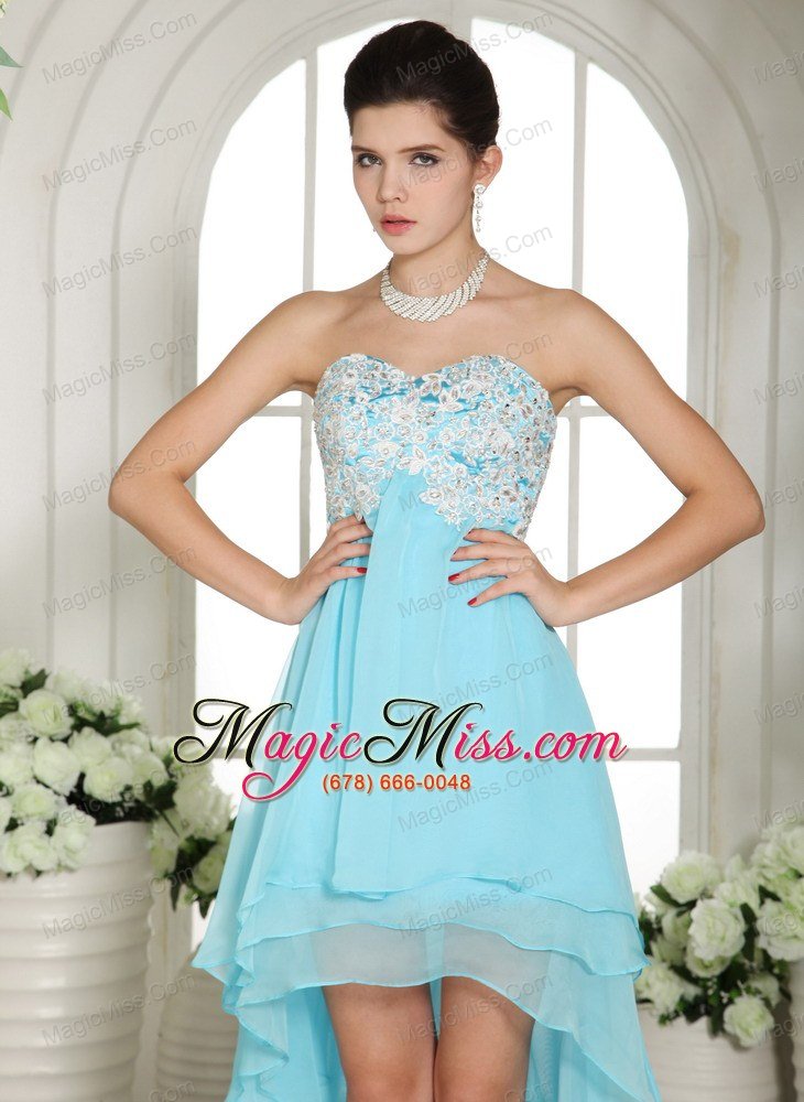 wholesale aqua blue appliques sweetheart high-low prom dress for custom made in choteau