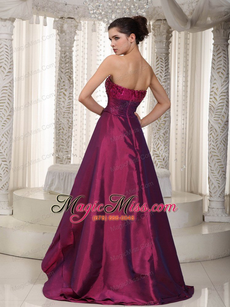 wholesale wine red a-line strapless asymmetrical taffeta sequins prom dress