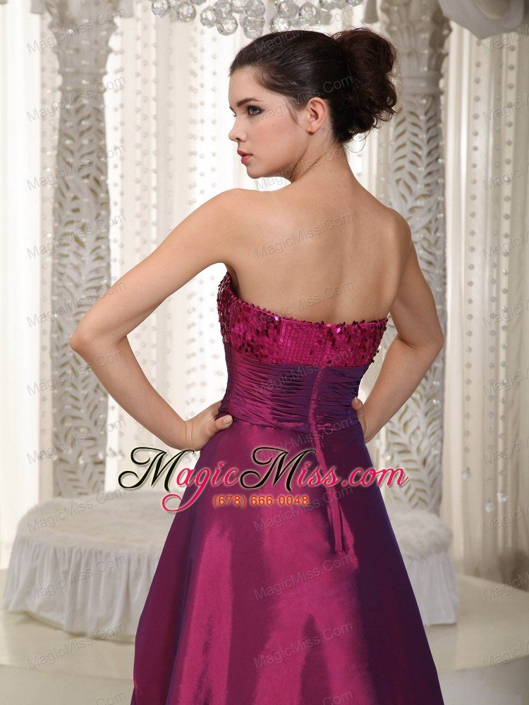 wholesale wine red a-line strapless asymmetrical taffeta sequins prom dress