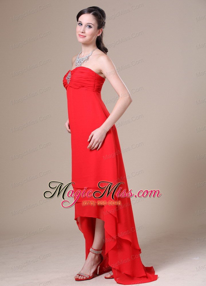 wholesale red high-low ruched decorate bust for 2013 prom dress with beading
