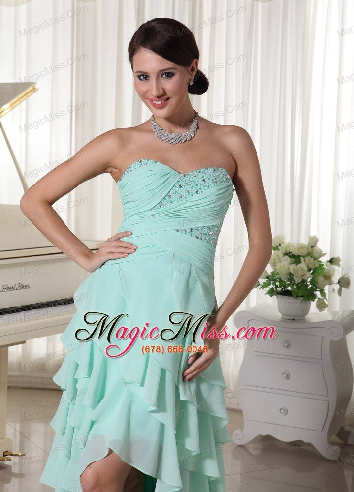 wholesale apple green chiffon layered high low prom dress with sweetheart empire beading and ruch decorate up bodice