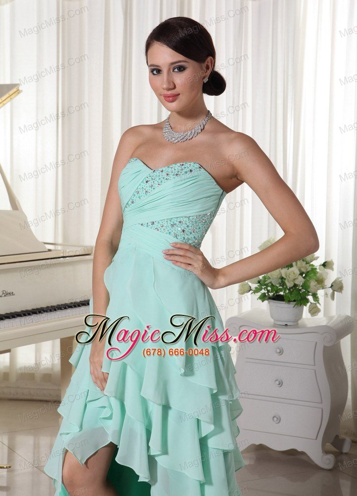 wholesale apple green chiffon layered high low prom dress with sweetheart empire beading and ruch decorate up bodice
