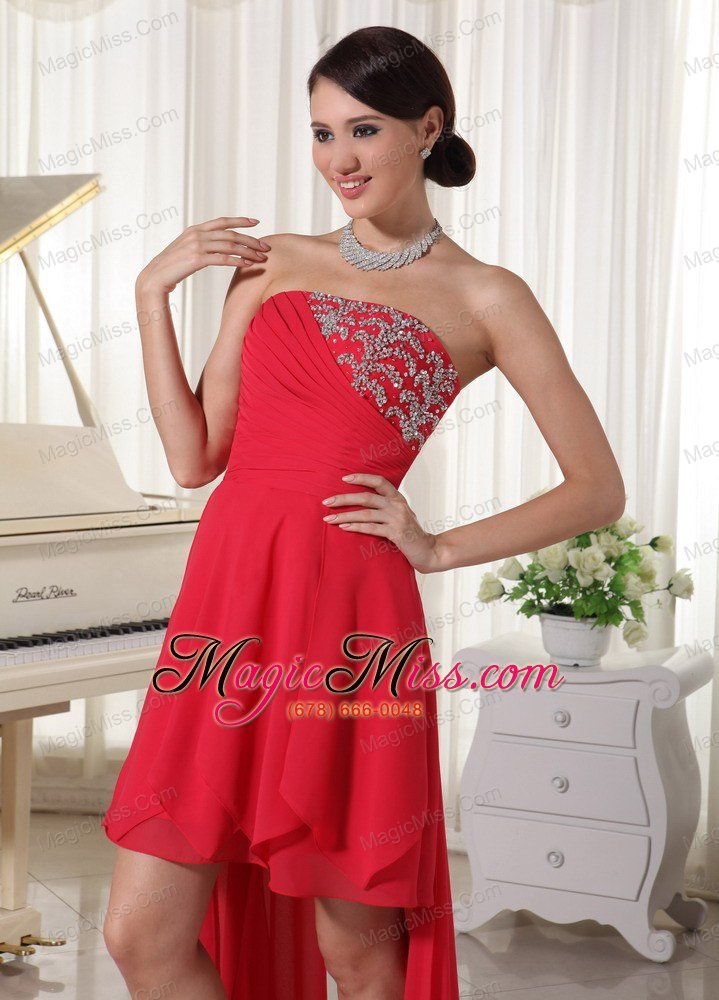 wholesale red chiffon high-low homcoming / cocktail dress with beading decorate strapless and ruch