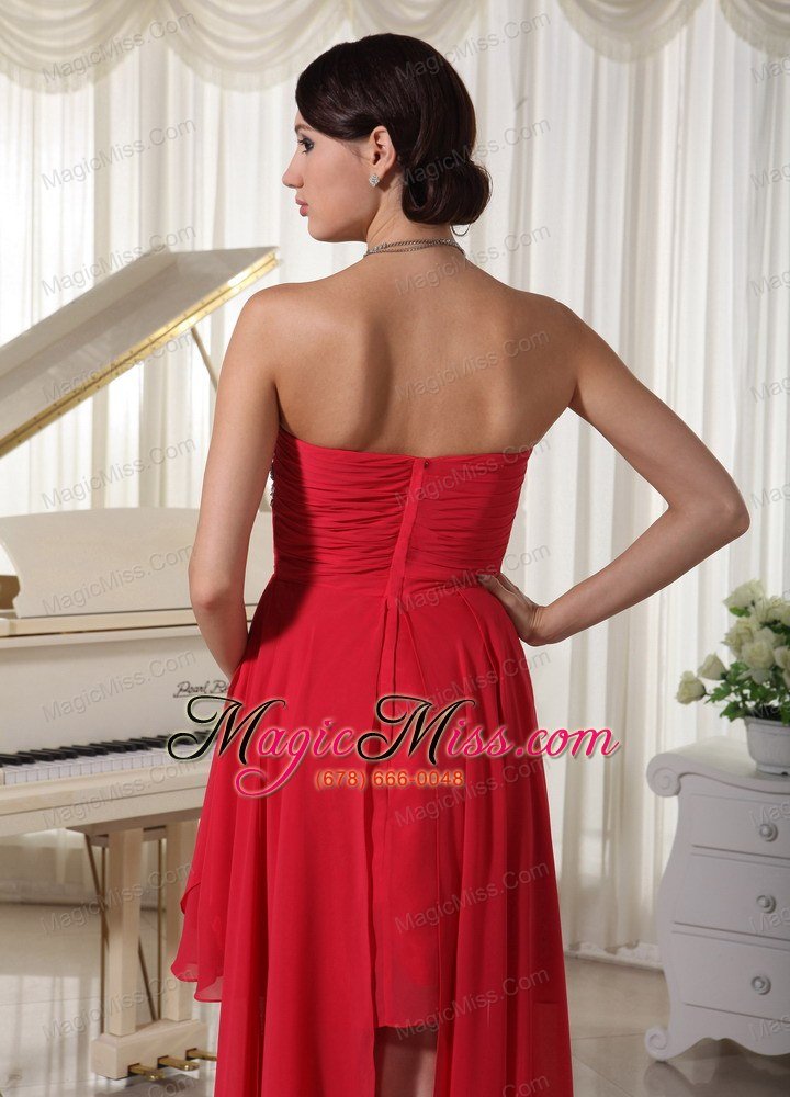 wholesale red chiffon high-low homcoming / cocktail dress with beading decorate strapless and ruch