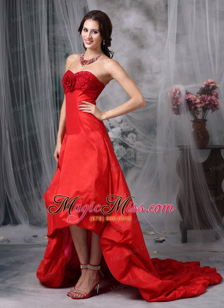 wholesale customize red a-line cocktail dress sweetheart high-low taffeta hand made flowers