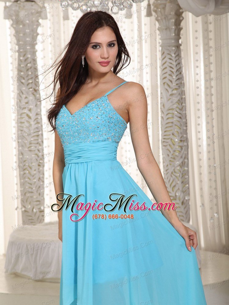 wholesale baby blue empire straps asymmetrical chiffon ruch prom dress