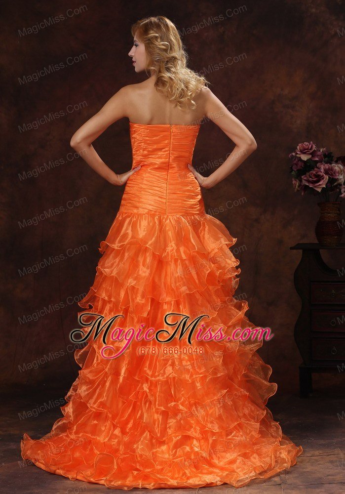 wholesale custom made orange red high-low ruched bodice 2013 prom dress with organza
