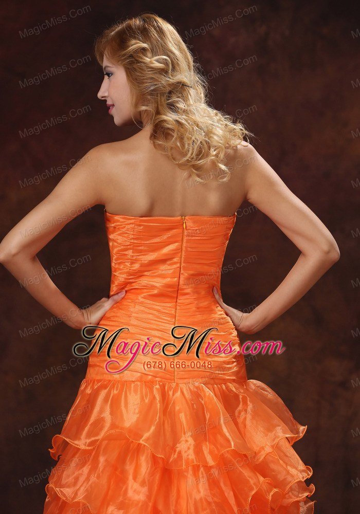 wholesale custom made orange red high-low ruched bodice 2013 prom dress with organza