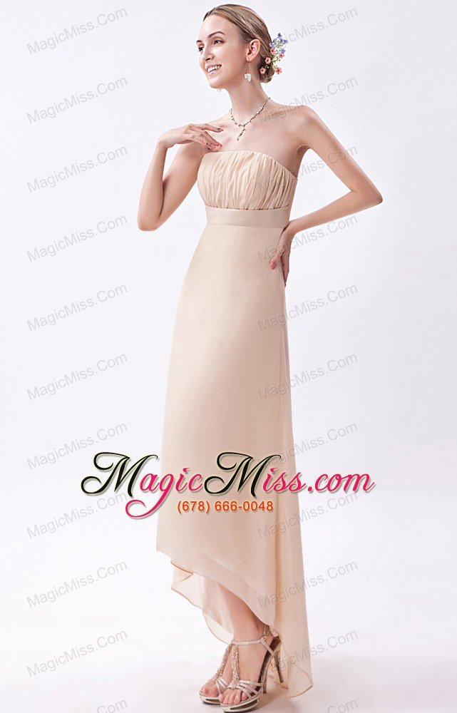 wholesale champagne empire strapless high-low chiffon ruch prom dress