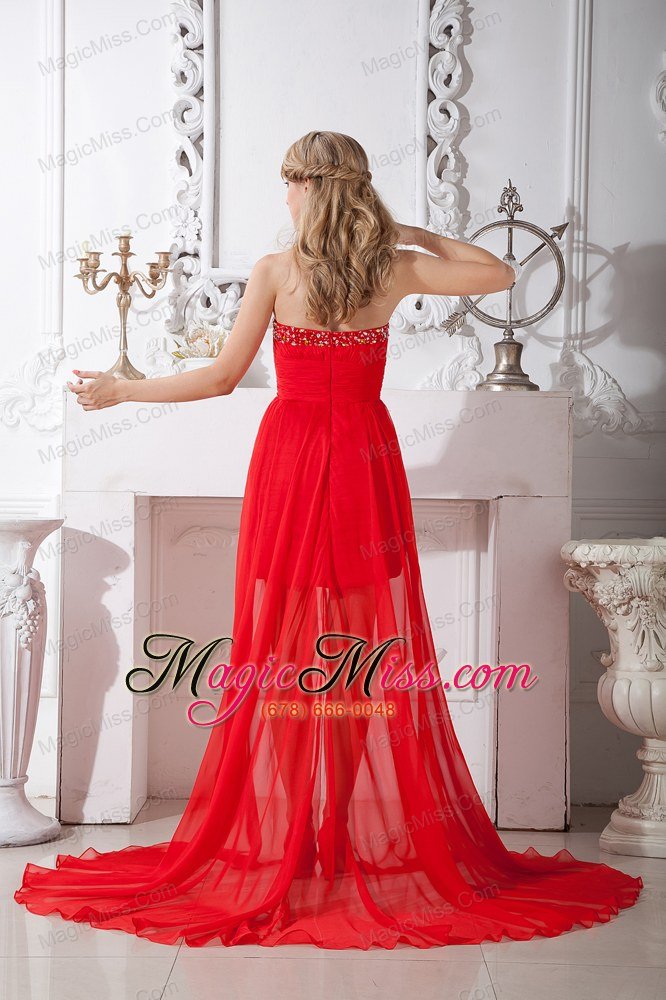wholesale red column strapless prom / homecoming dress beading high-low chiffon