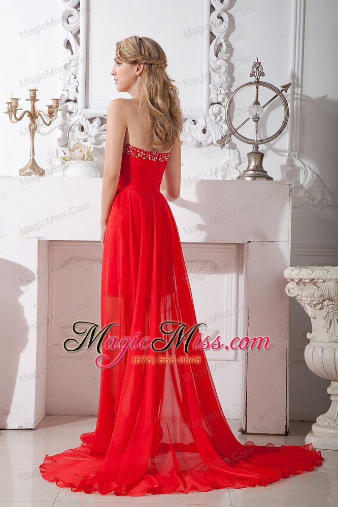 wholesale red column strapless prom / homecoming dress beading high-low chiffon