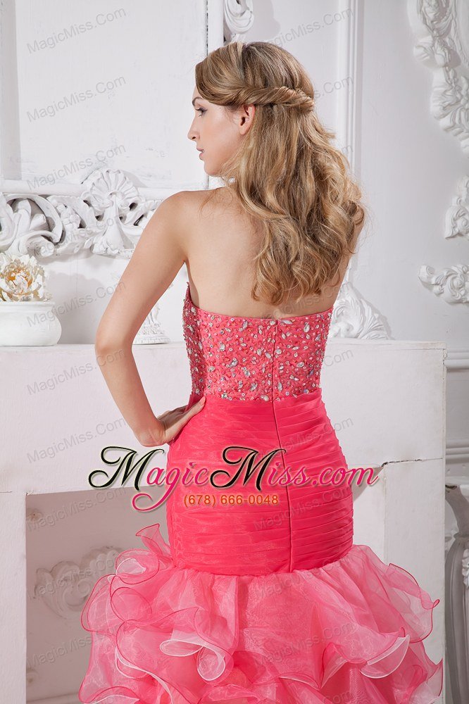 wholesale beautiful coral red and light pink mermaid high-low prom dress with beading