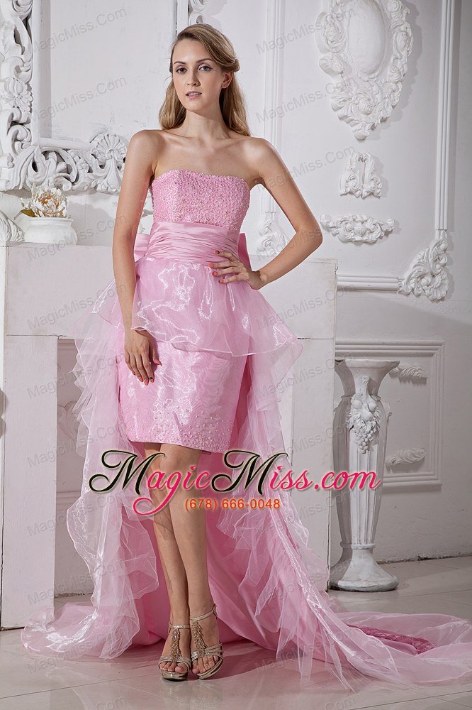 wholesale baby pink column strapless high-low taffeta and organza beading prom / homecoming dress