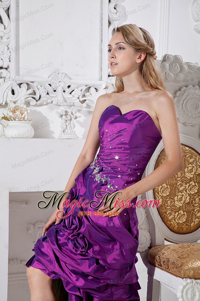 wholesale purple column sweetheart high-low taffeta hand made flowers and beading prom dress