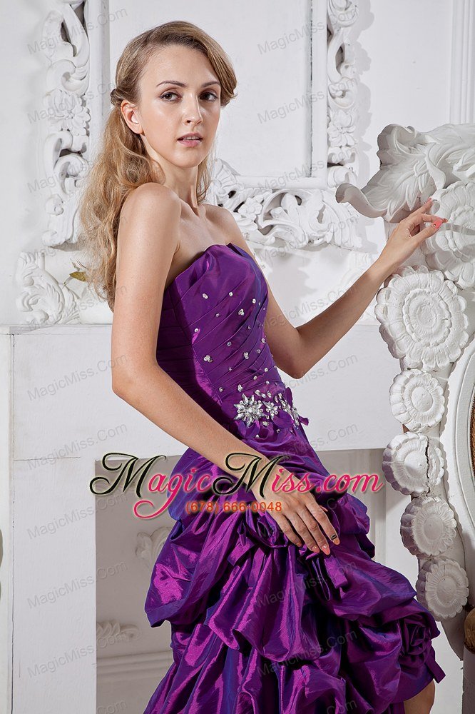 wholesale purple column sweetheart high-low taffeta hand made flowers and beading prom dress