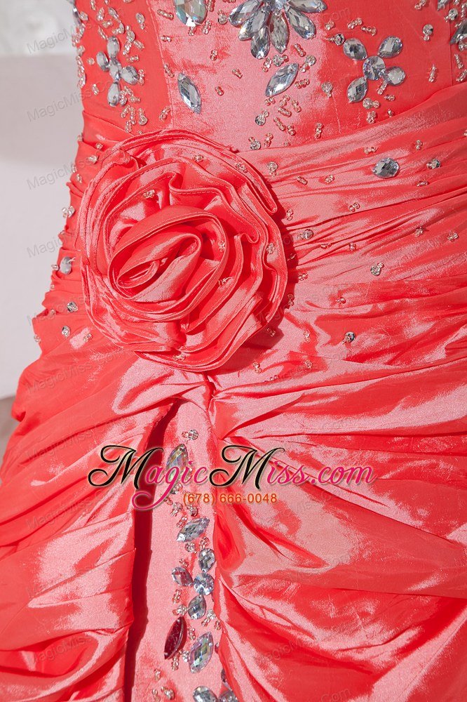 wholesale watermelon red column sweetheart high-low taffeta hand made flowers and beading prom dress