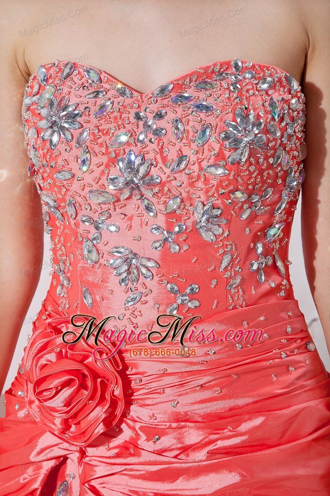 wholesale watermelon red column sweetheart high-low taffeta hand made flowers and beading prom dress