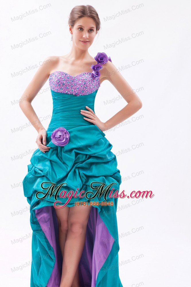 wholesale teal and lavender a-line one shoulder prom dress high-low taffeta beading and hand made flowers