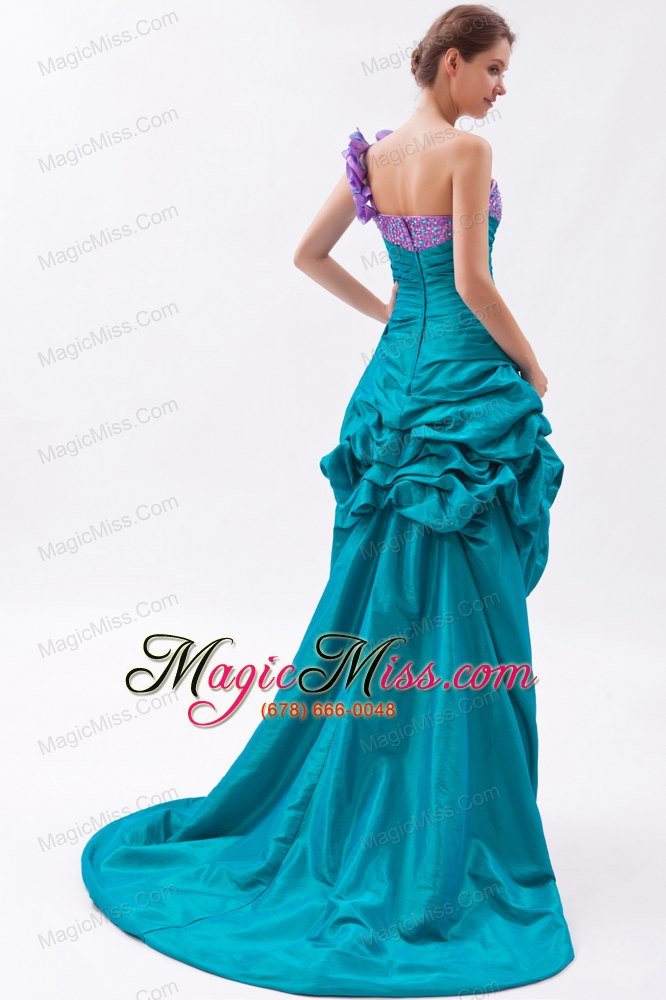 wholesale teal and lavender a-line one shoulder prom dress high-low taffeta beading and hand made flowers