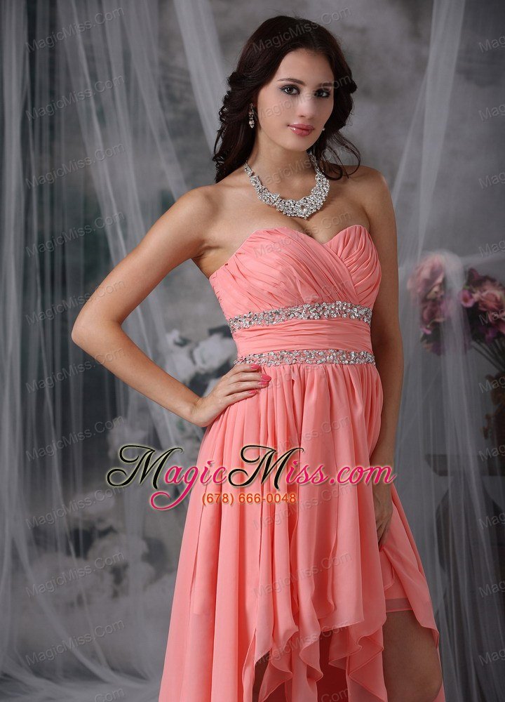 wholesale watermelon red column sweetheart high-low chiffon beading prom dress